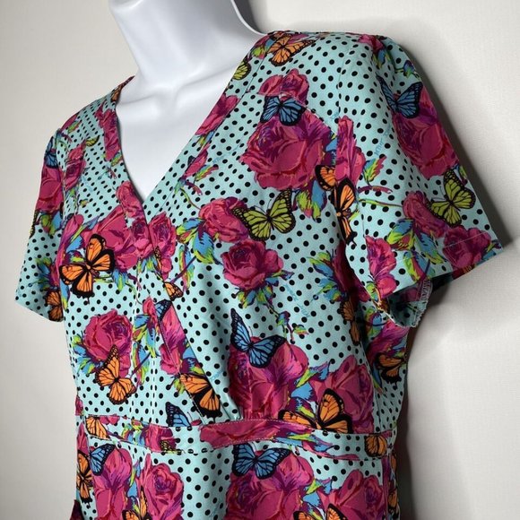 💜 3/$30 Betsey Johnson Calla Mock Wrap Scrub Top Polka Dots Roses Butterflies - Picture 6 of 8